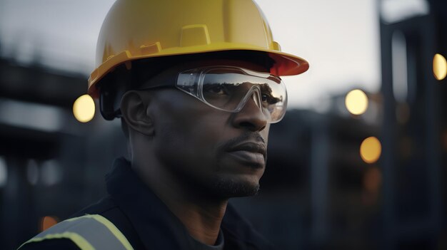 Un homme portant un casque jaune et des lunettes de sécurité se tient devant une mine de charbon.