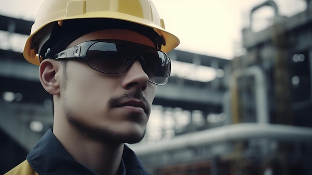 Un homme portant un casque jaune et des lunettes de soleil se tient devant une usine.