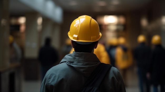 Un homme portant un casque jaune marche dans un bâtiment.