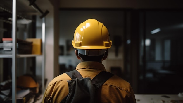 Un homme portant un casque jaune se tient devant une fenêtre.