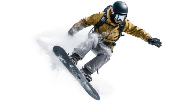 un homme portant un casque et des lunettes fait du snowboard.