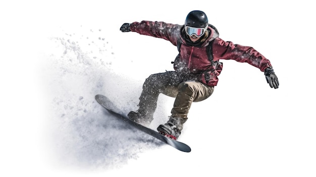 un homme portant un casque et des lunettes fait du snowboard.