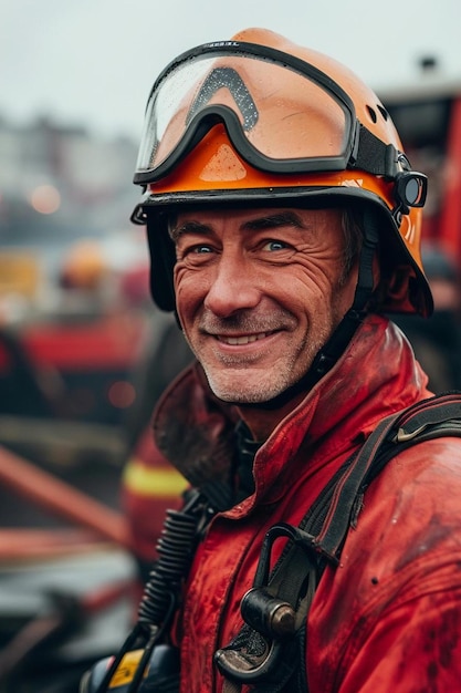 Photo un homme portant un casque et des lunettes de protection debout devant un camion de pompiers