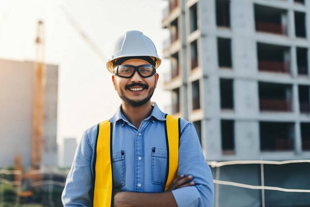 Un homme portant un casque et des lunettes se tient devant un bâtiment avec un bâtiment en arrière-plan.