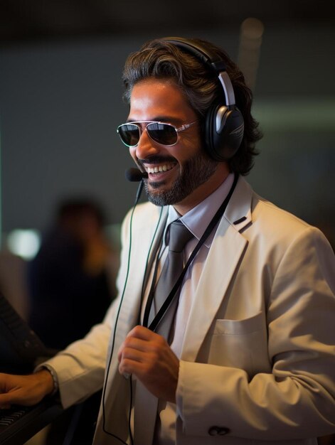 Photo un homme portant un casque avec des lunettes de soleil et un microphone