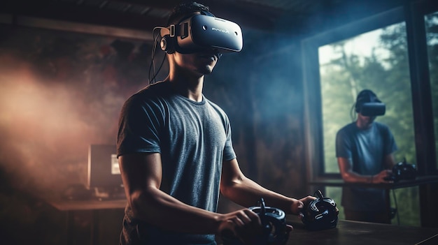 Un homme portant un casque de réalité virtuelle avec une chemise bleue.