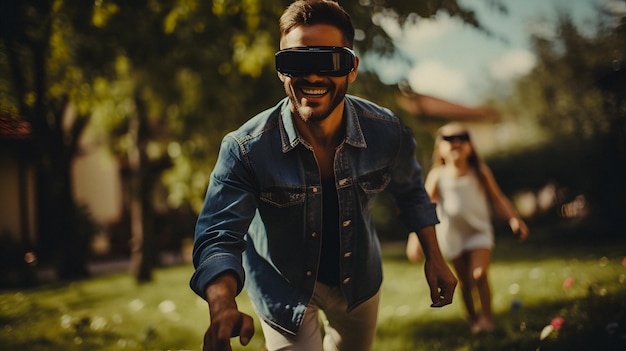 un homme portant un casque de réalité virtuelle dans l'herbe IA générative
