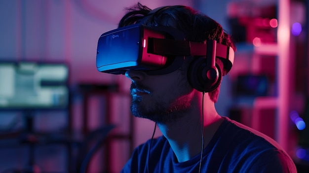 Un homme portant un casque de réalité virtuelle est complètement immergé dans le monde virtuel