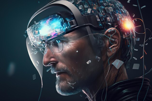 un homme portant un casque de réalité virtuelle avec les mots le futur sur le visage