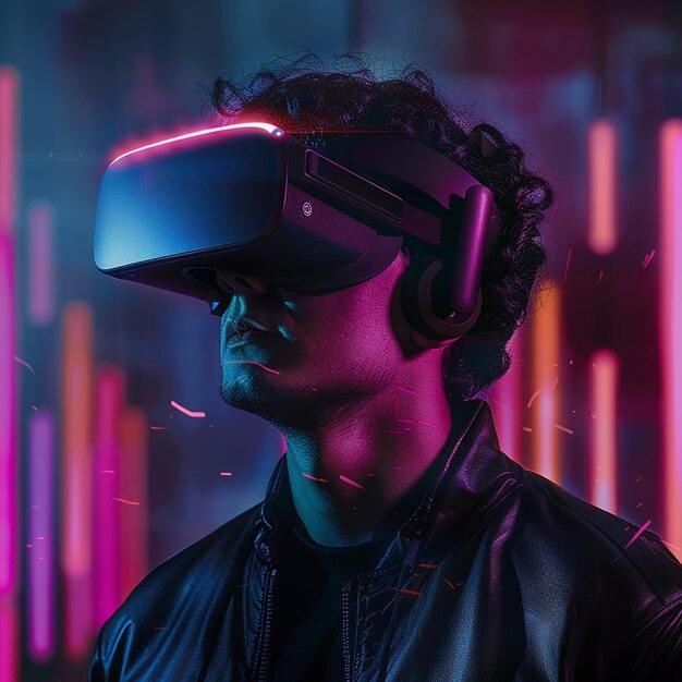 un homme portant un casque de réalité virtuelle porte une veste noire