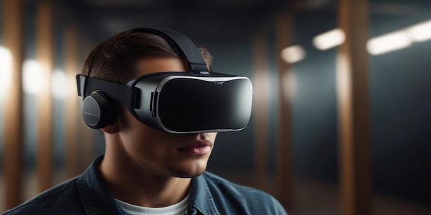 un homme portant un casque de réalité virtuelle regarde dans la caméra