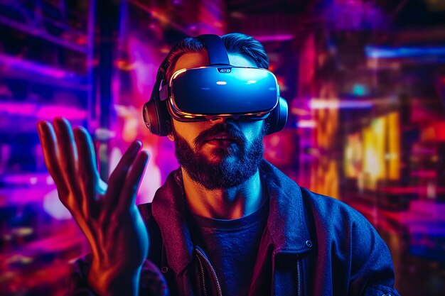 Un homme portant un casque de réalité virtuelle se tient devant une pièce éclairée au néon.