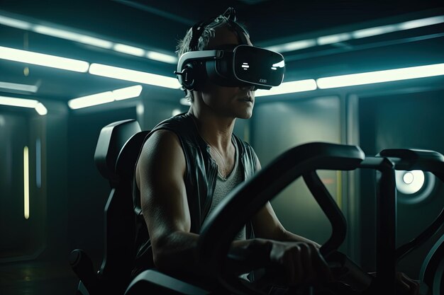 un homme portant un casque de réalité virtuelle sur un tapis roulant