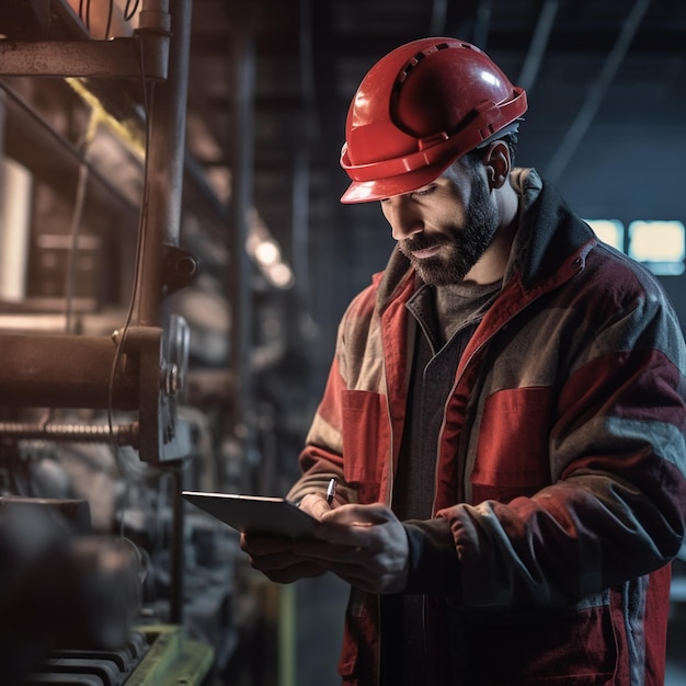 Un homme portant un casque rouge regarde une tablette avec un homme lisant un livre.