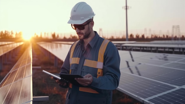 Un homme portant un casque se tient devant des panneaux solaires.