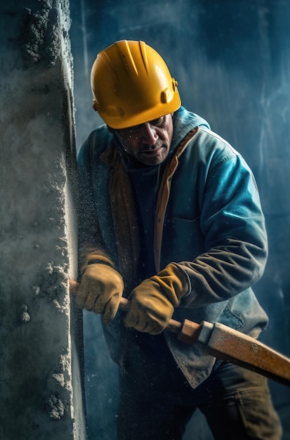 Un homme portant un casque et une veste bleue utilise un marteau pour couper un mur.