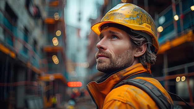 Homme portant un casque et une veste orange IA générative