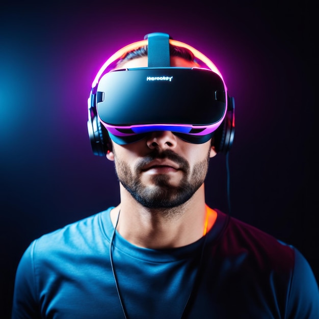 un homme portant un casque VR demi-corps tourné en réalité virtuelle concept de relaxation néons