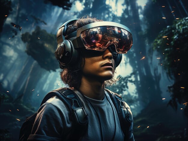 Homme portant un casque VR illustration d'art numérique du monde virtuel futuriste et IA générative colorée