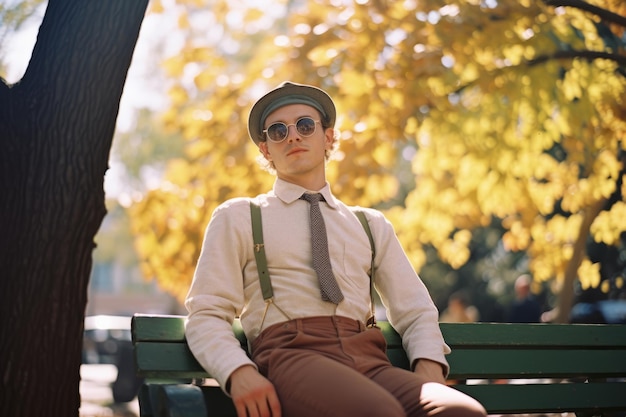 un homme portant un chapeau et des bretelles assis sur un banc