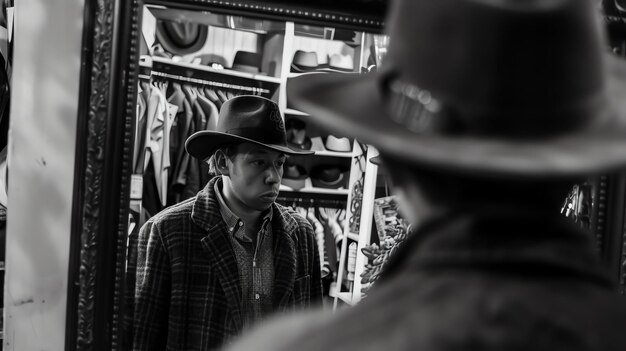 Photo un homme portant un chapeau de cow-boy regarde son reflet dans le miroir il porte une chemise à carreaux et une veste noire le fond est flou