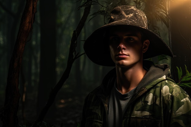 Un homme portant un chapeau dans les bois