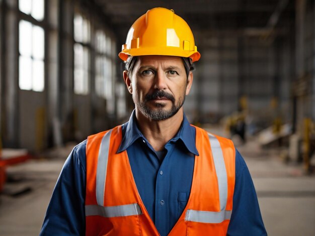 un homme portant un chapeau dur et un gilet orange