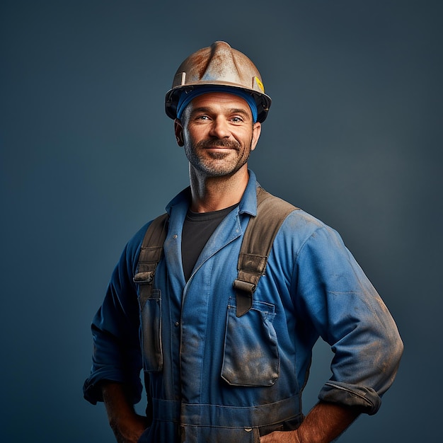 un homme portant un chapeau dur se tient devant un fond bleu