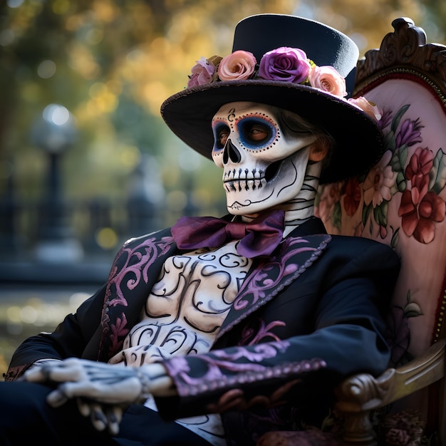 Homme portant un chapeau jour du costume gothique mort