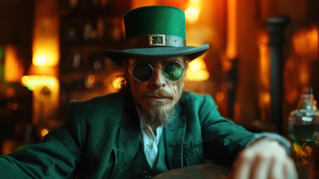 Un homme portant un chapeau de leprechaun, un costume vert et des lunettes de soleil, célébration dans un pub irlandais.