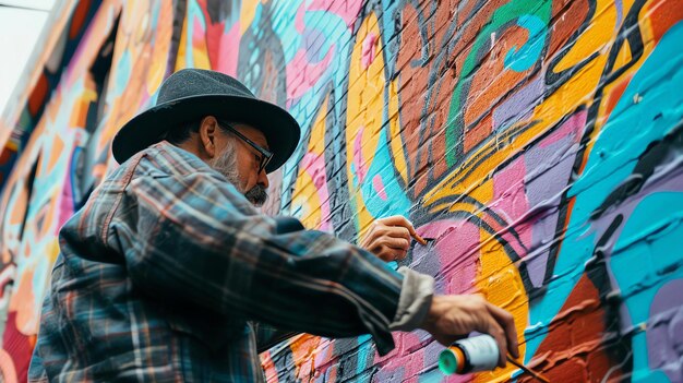 Photo un homme portant un chapeau et des lunettes peint une peinture murale sur un mur de briques la peinture est colorée et abstraite l'homme est concentré sur son travail