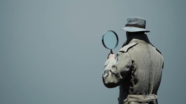 Photo un homme portant un chapeau et un manteau tient une loupe il regarde quelque chose hors caméra le fond est d'une couleur neutre
