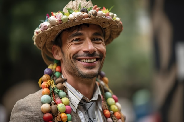 Un homme portant un chapeau avec un motif floral sourit à la caméra