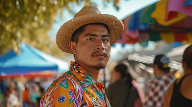 Un homme portant un chapeau de paille et une chemise colorée à l'extérieur Chico De Mayo