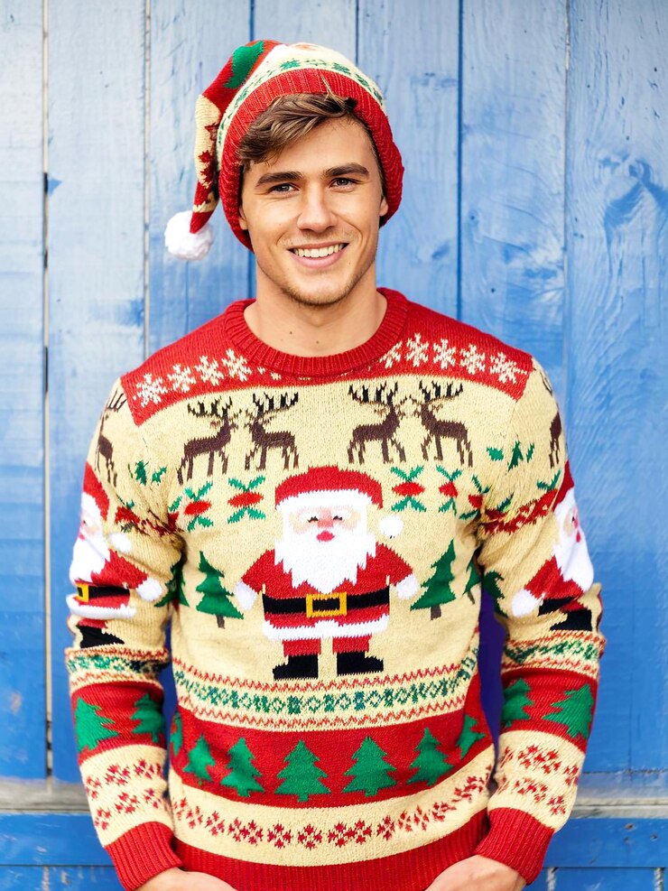 un homme portant un chapeau de Père Noël porte un pull qui dit Père Noël dessus