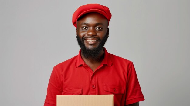 un homme portant un chapeau rouge tient une boîte qui dit qu'il la tient