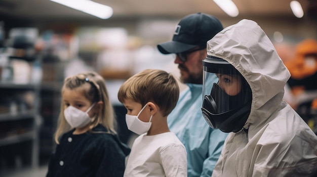 Un homme portant un chapeau et un sweat à capuche fait la queue avec un enfant portant un masque.