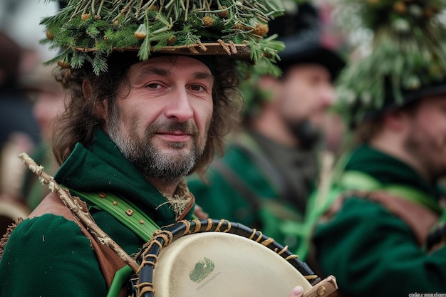 Photo un homme portant un chapeau vert et tenant un tambour