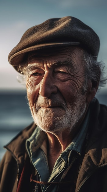 Un homme portant un chapeau et une veste marron se tient sur une plage