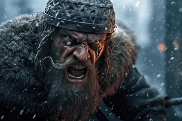 Un homme portant un chapeau viking avec une barbe et une moustache crie.