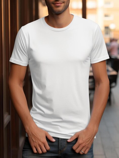 Un homme portant une chemise blanche qui dit « t-shirt ».