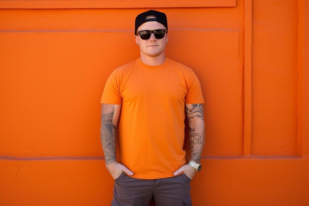 Photo un homme portant une chemise orange qui dit t-shirt