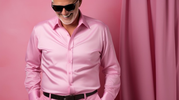 Un homme portant une chemise rose et des lunettes de soleil