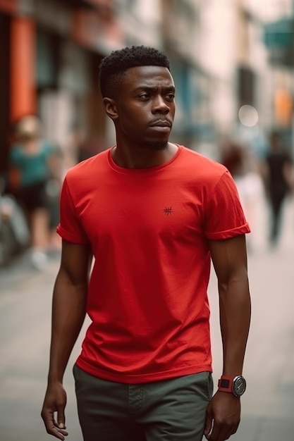 Un homme portant une chemise rouge avec le mot "adidas" sur le devant