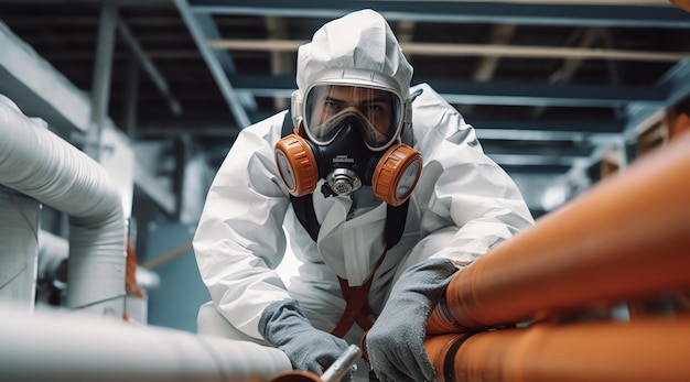 Un homme portant une combinaison de protection et un masque à gaz travaille sur un tuyau.