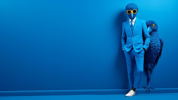 Un homme portant un costume bleu vibrant et un masque d'oiseau debout