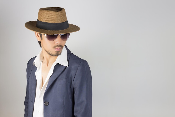 Photo un homme portant un costume et un chapeau sur un fond gris