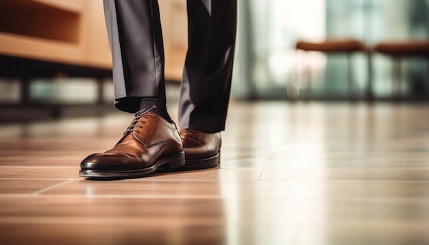 Photo un homme portant un costume et des chaussures marche sur un sol en carreaux