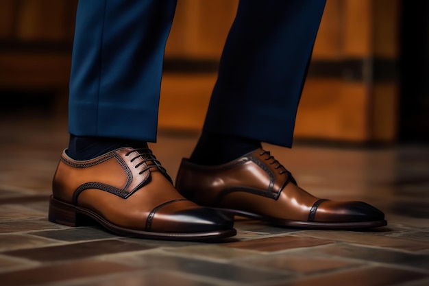 Un homme portant un costume et une cravate se tient sur un plancher en bois