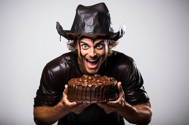 Homme portant un costume d'horreur et tenant un gâteau d'Halloween